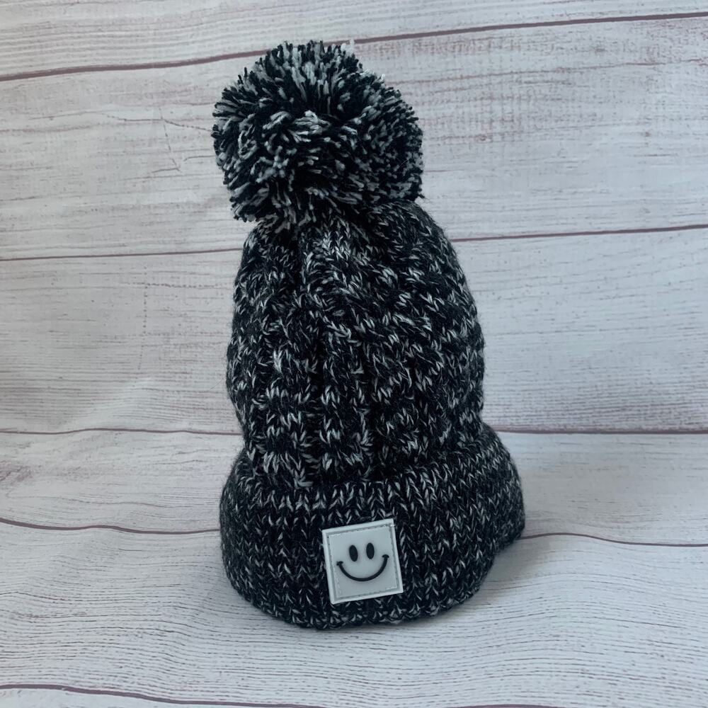 Kids Black and White Stocking Hat with Pom Folded Cuff Fleece Interior Small